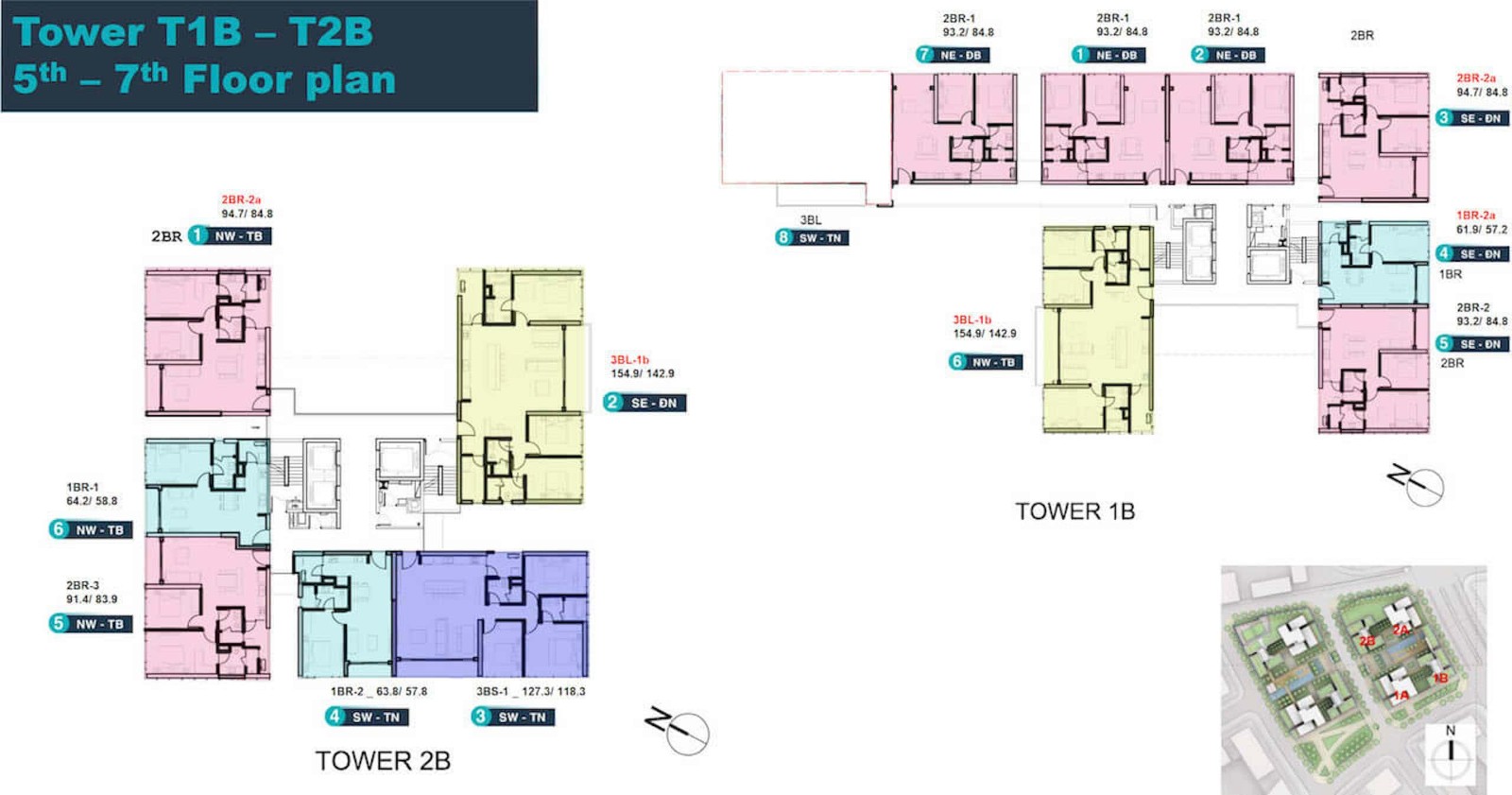 Mặt bằng T1B, T2B tầng 5–7 Linden Residences