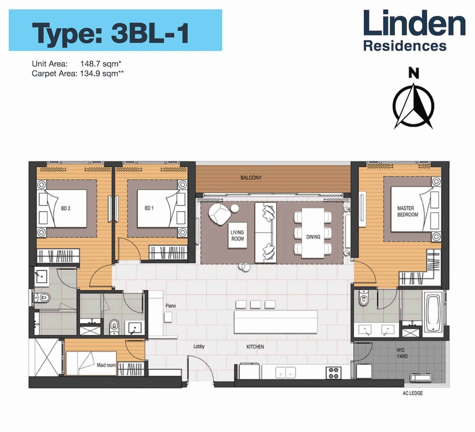 Mặt bằng căn 3PN lớn Linden Residences