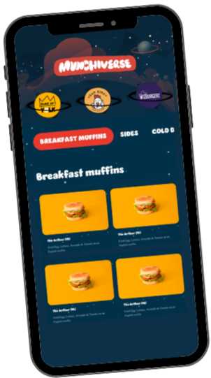 The Munchiverse app showing brands and a breakfast menu