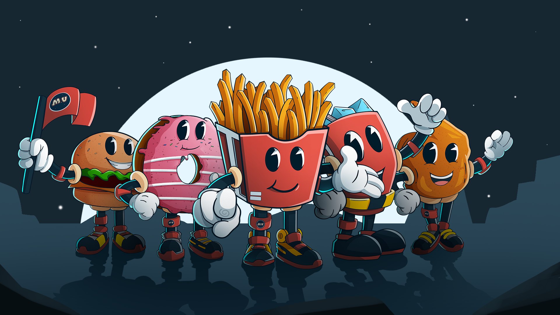 The Munchiverse crew waving in front of the moon