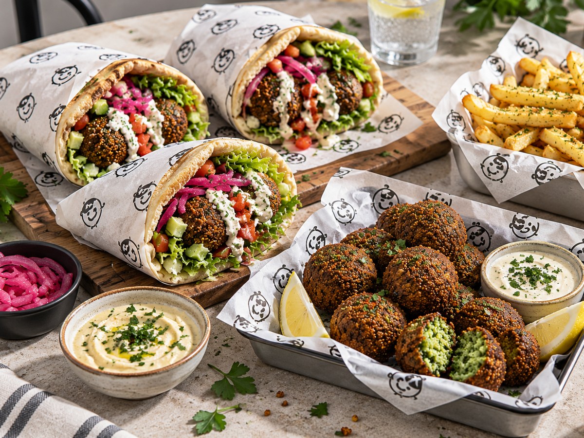 Faladeen falafel pitas, falafel, chips and dips