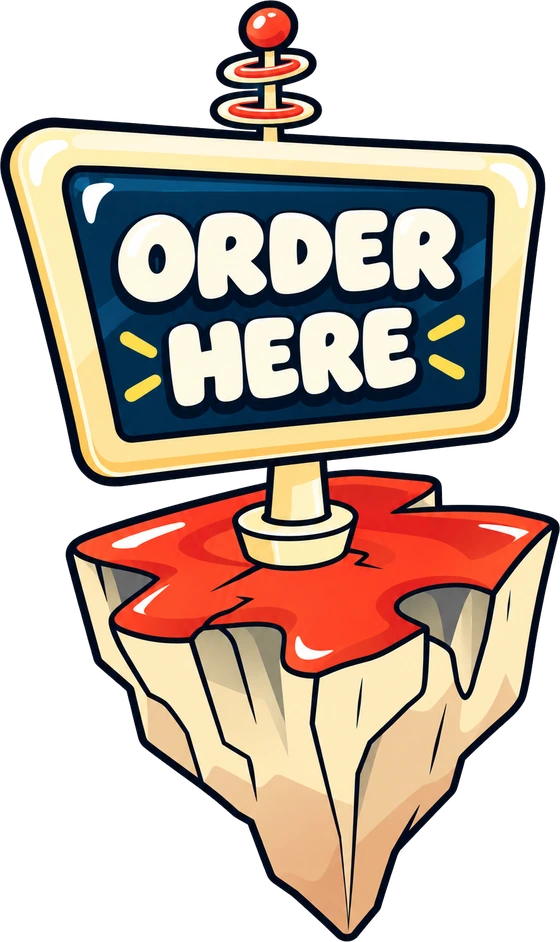 An illustrated floating sign that says Order here
