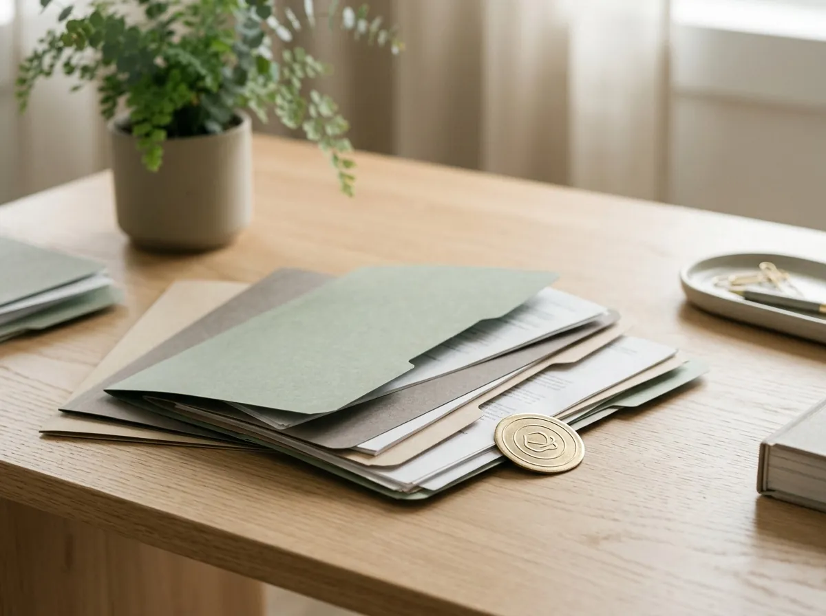 Registry folders and a verification seal on a desk