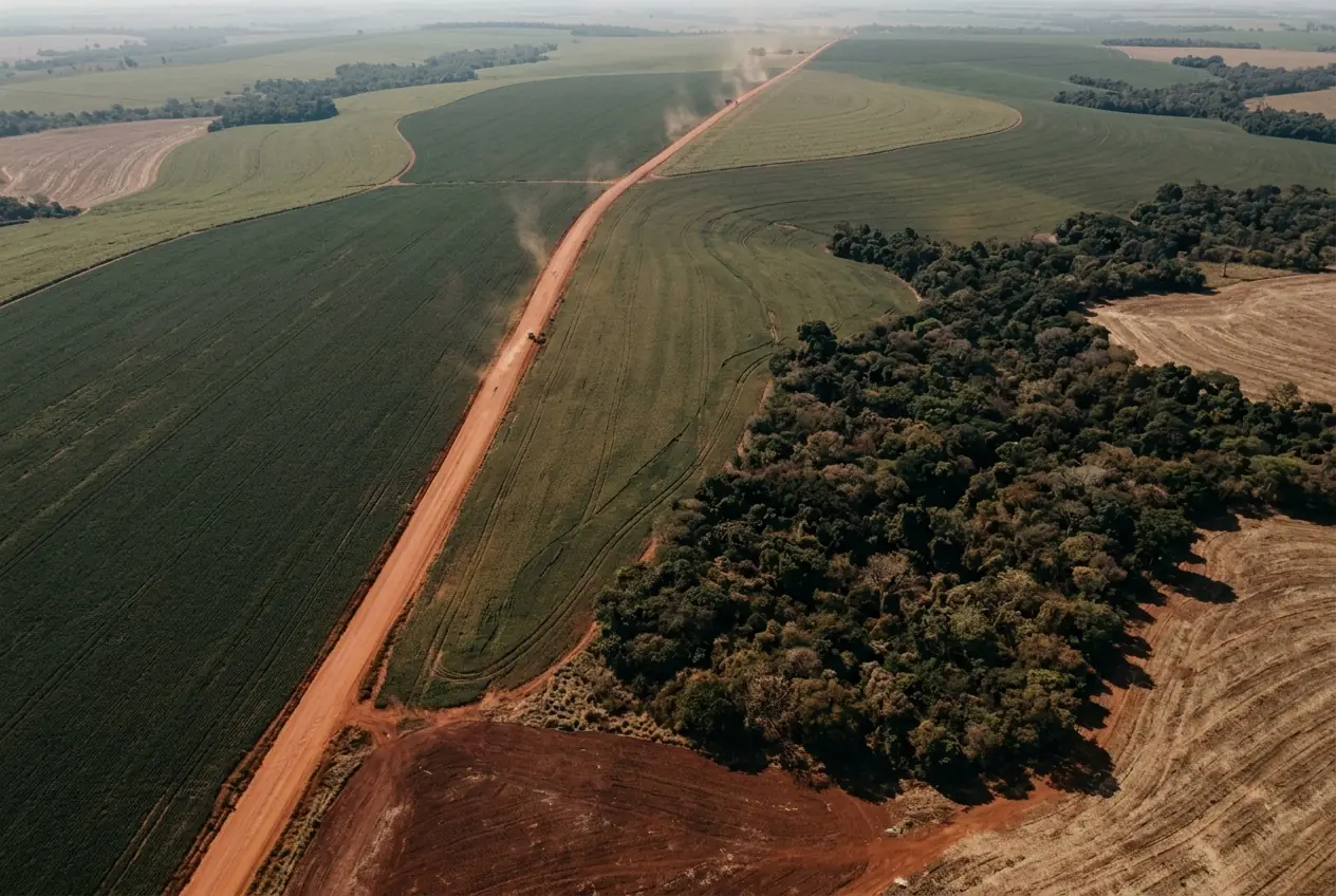 Soy fields beside a red dirt road in Mato Grosso