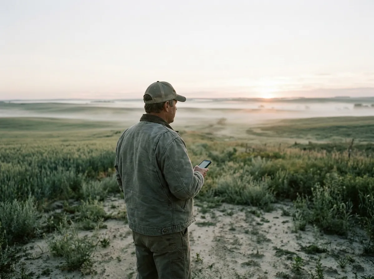 Agronomist checking a field at sunrise