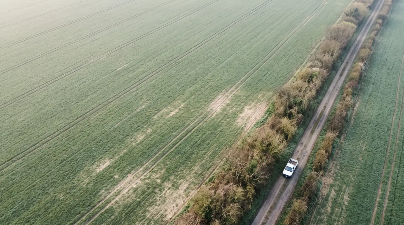Aerial view of a farm road between enrolled fields