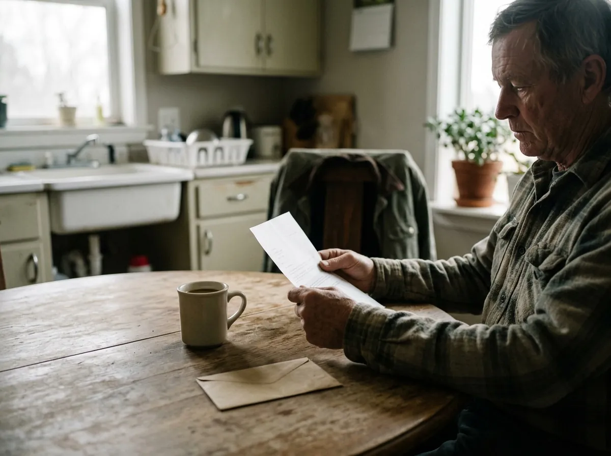 Grower reading a payout statement at the kitchen table