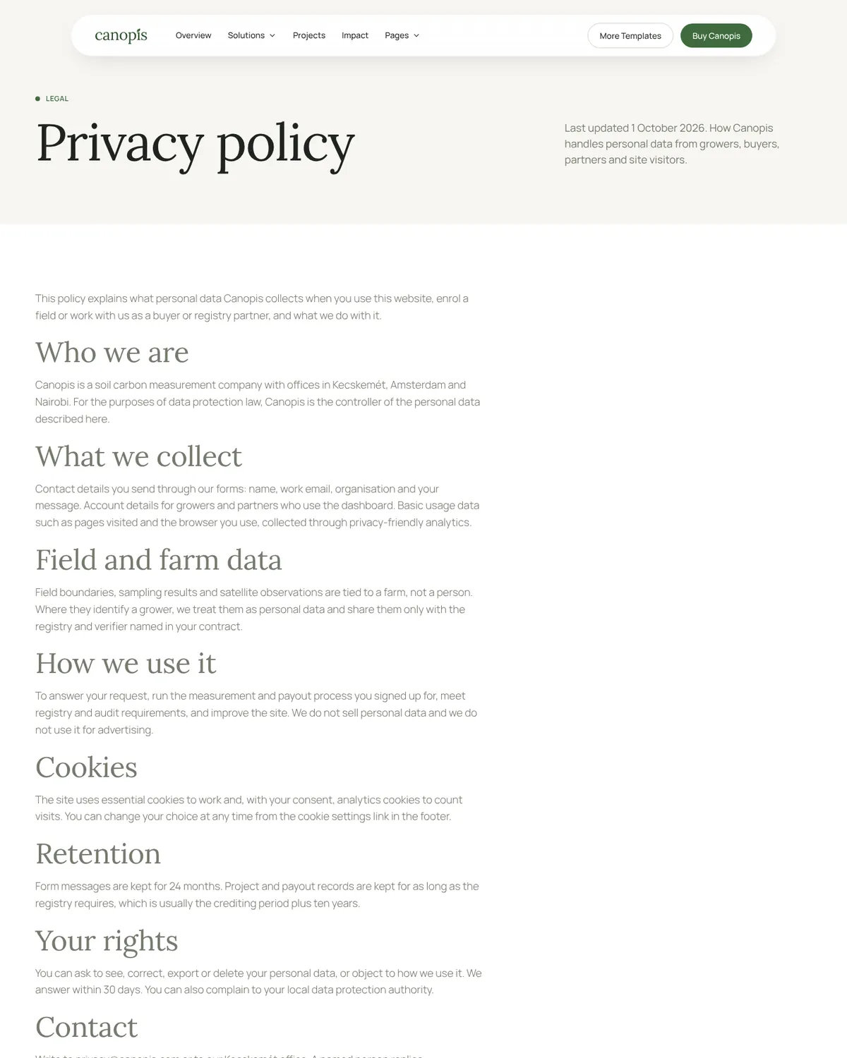 Canopis Privacy Policy page preview