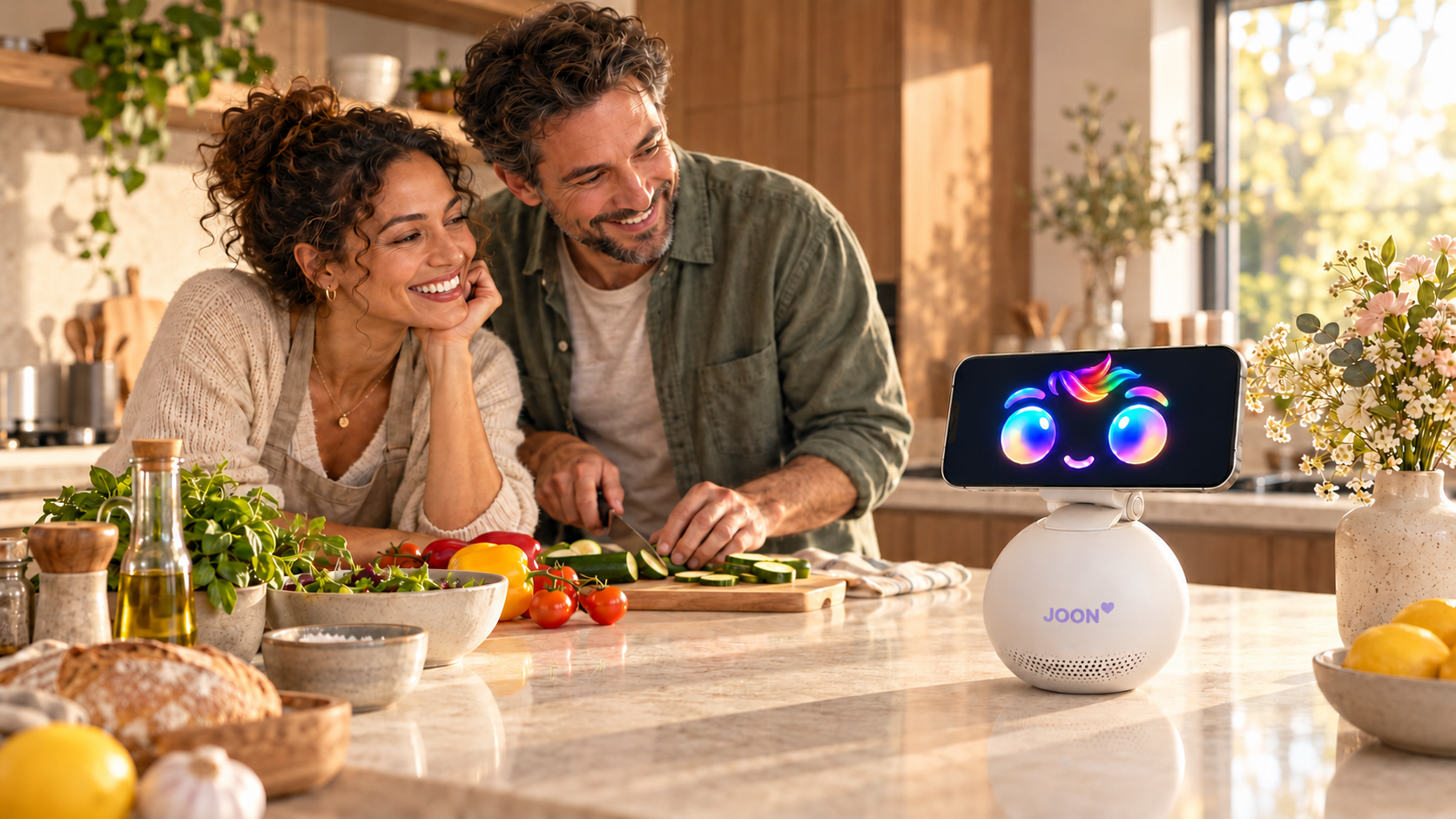 Prototype lifestyle visualisation of JOON on a sunlit kitchen island beside flowers, while a woman and man prepare vegetables together.