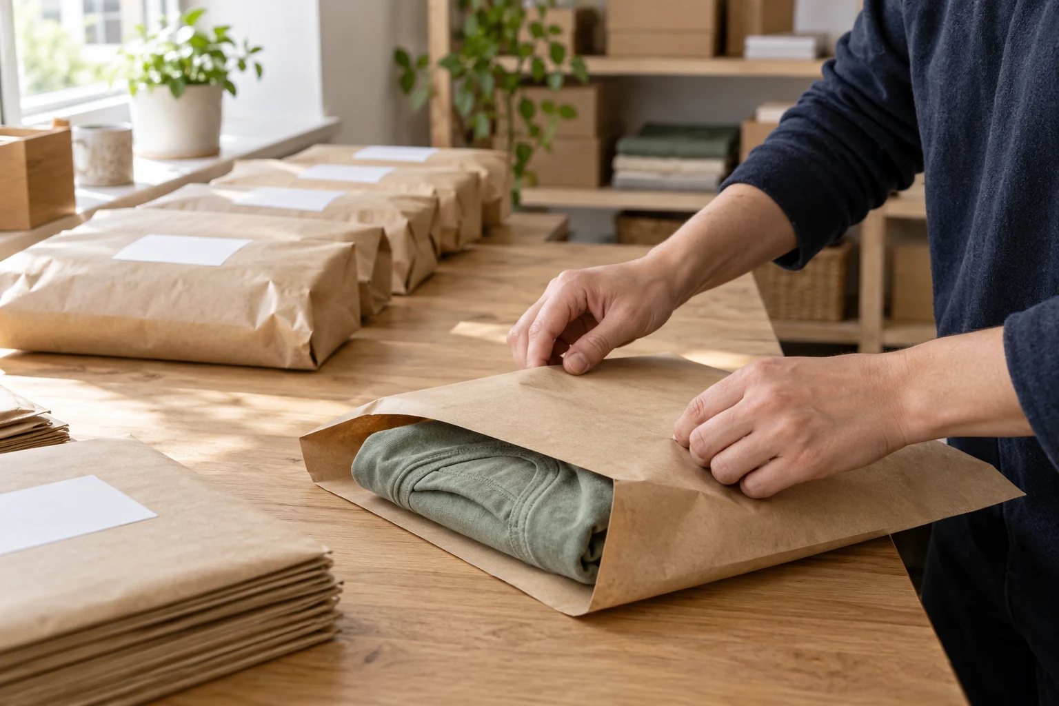 A cotton garment packed into a paper mailer for direct customer delivery