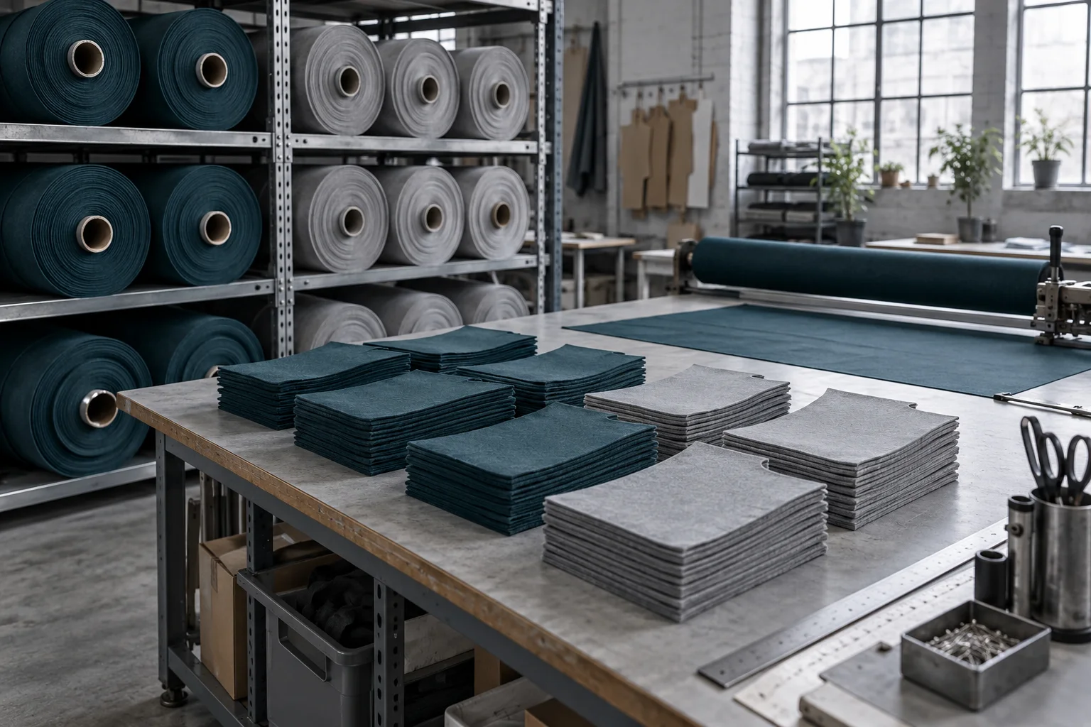 Fabric rolls and stacked cut pieces illustrating material and production batch constraints