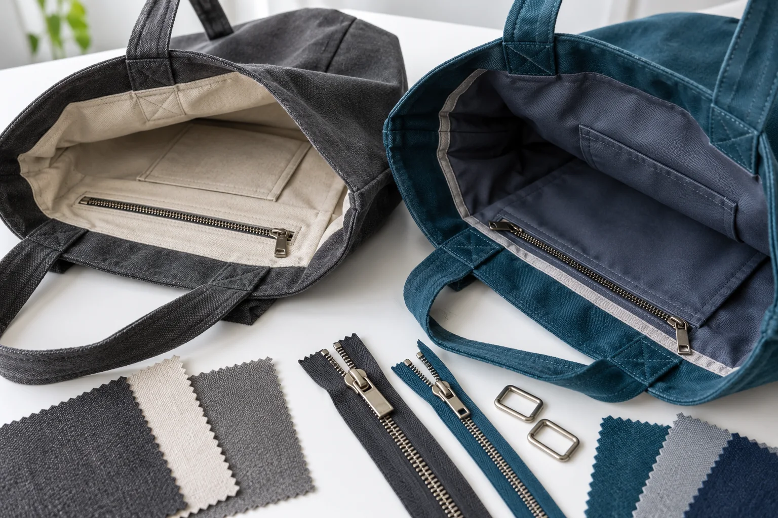 Two canvas bags with different linings, seams and zipper components