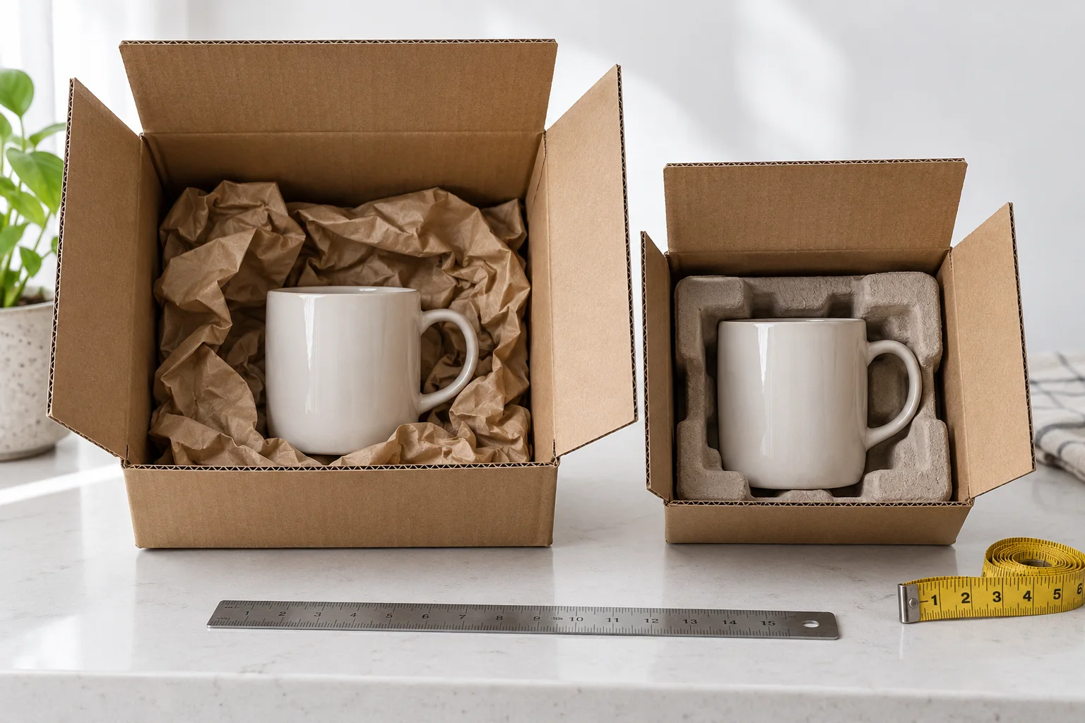 Two cartons containing cups with different amounts of unused space and protective packaging