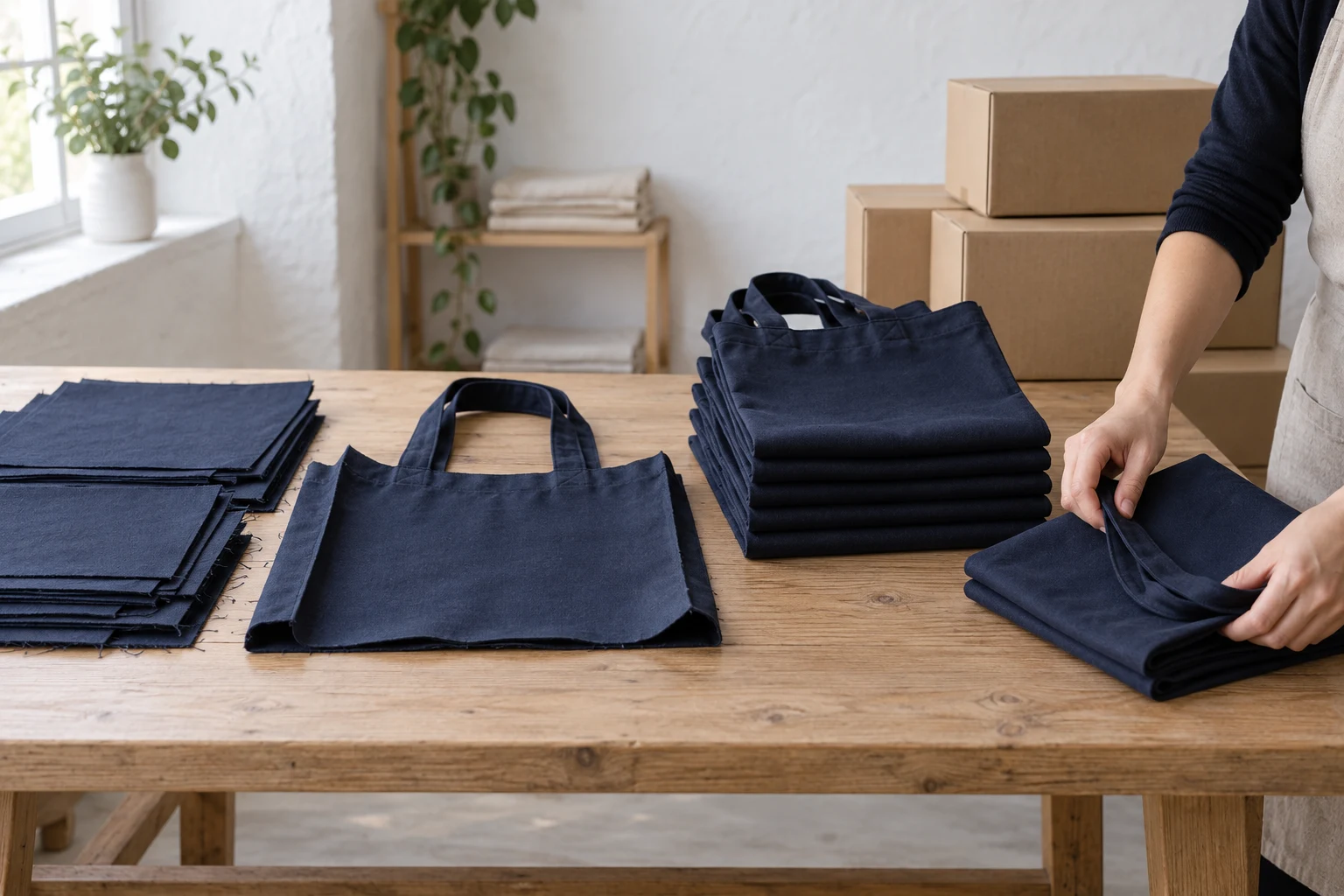 Cotton tote production progressing from cut fabric to packed finished goods