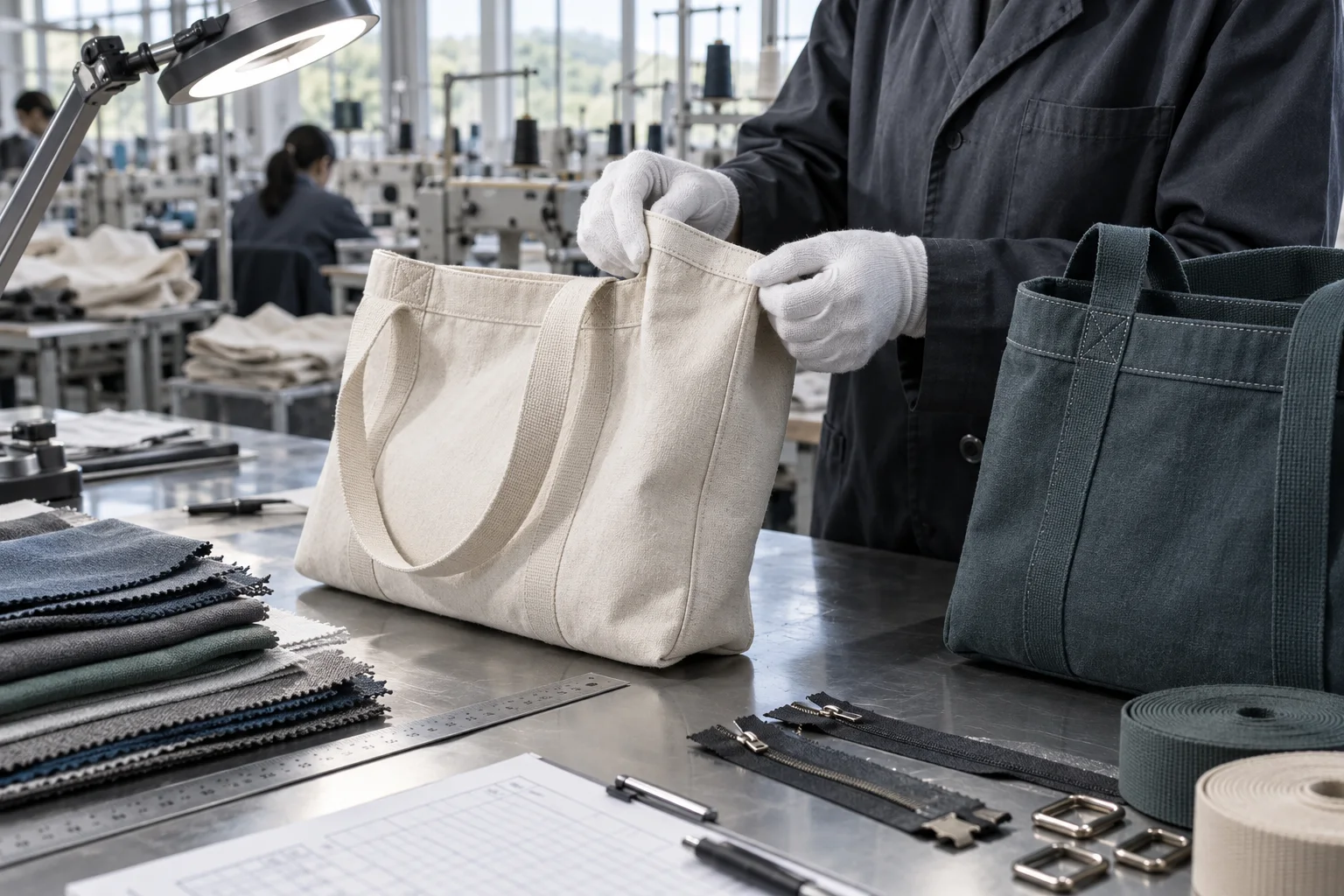 Seams and components checked at a textile inspection bench