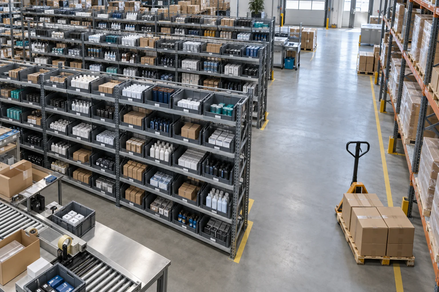 Organized warehouse pick bins and a clear stock handling aisle
