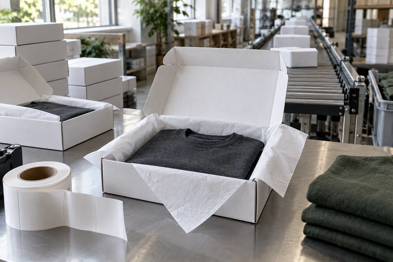 Apparel packed into individual ecommerce mailer boxes