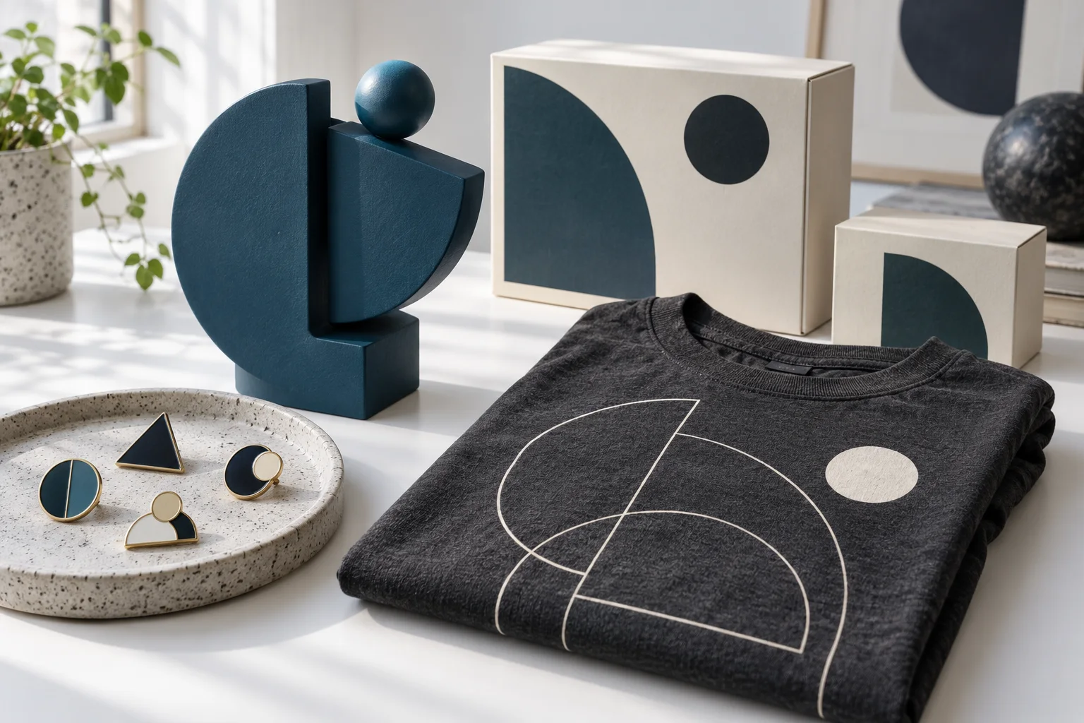 A coordinated collection of geometric designer products and branded apparel