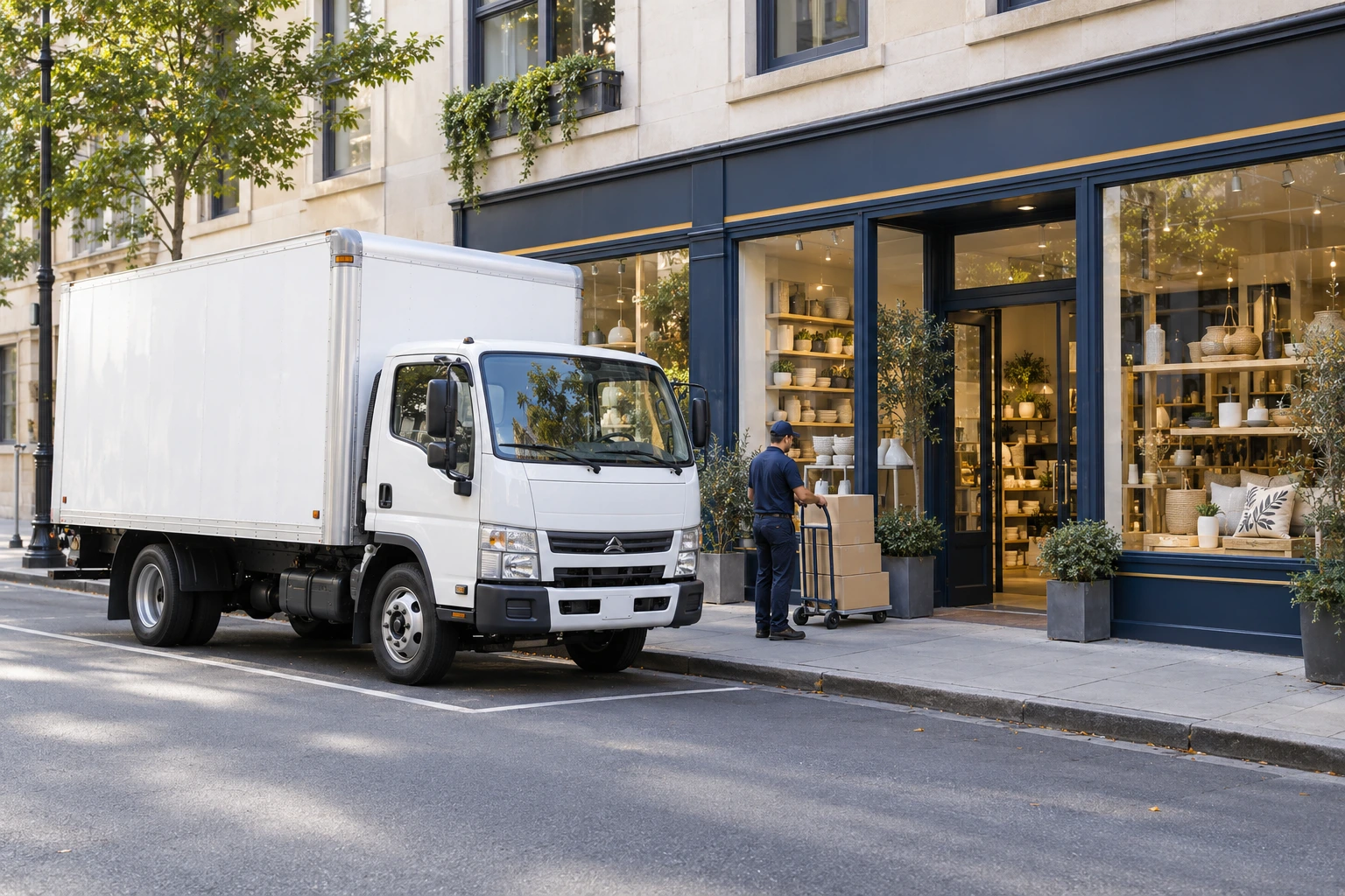 A delivery truck arriving beside a store