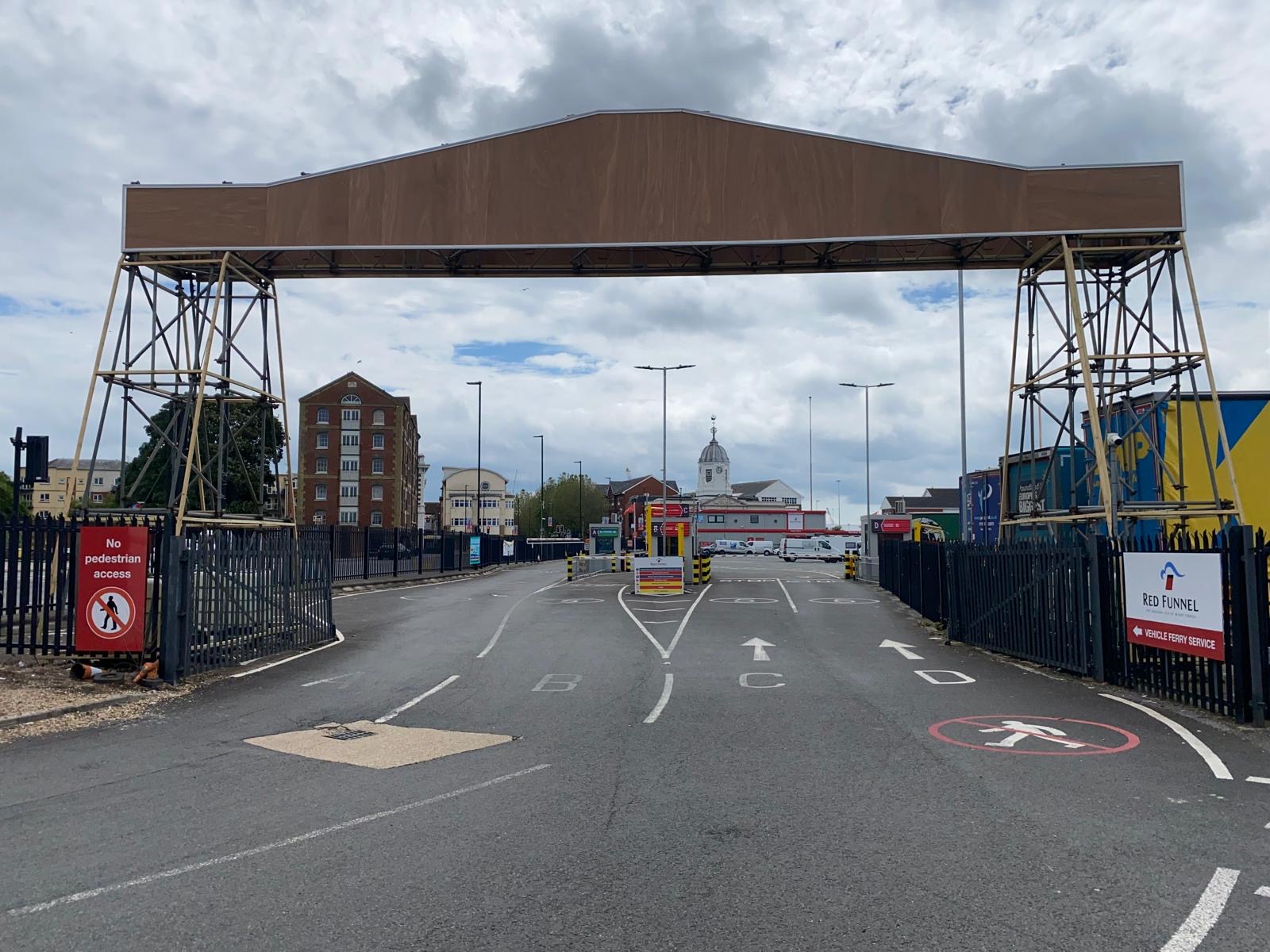 Red Funnel gateway support structure before installation of printed graphics