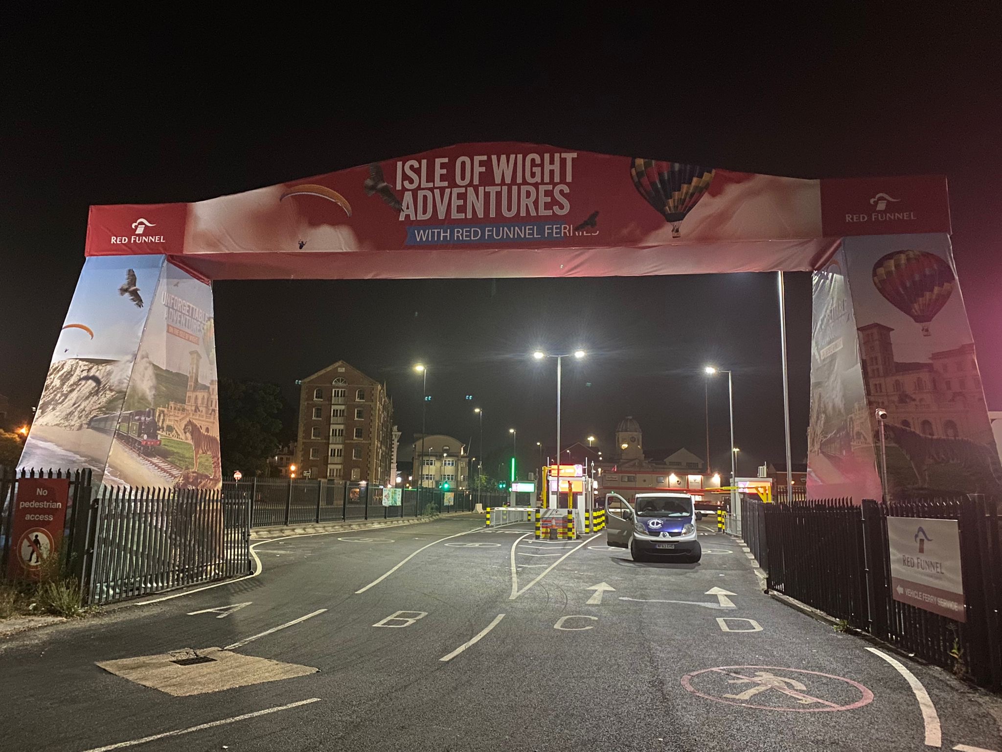 Red Funnel Isle of Wight Adventures branded gateway across Southampton port entrance