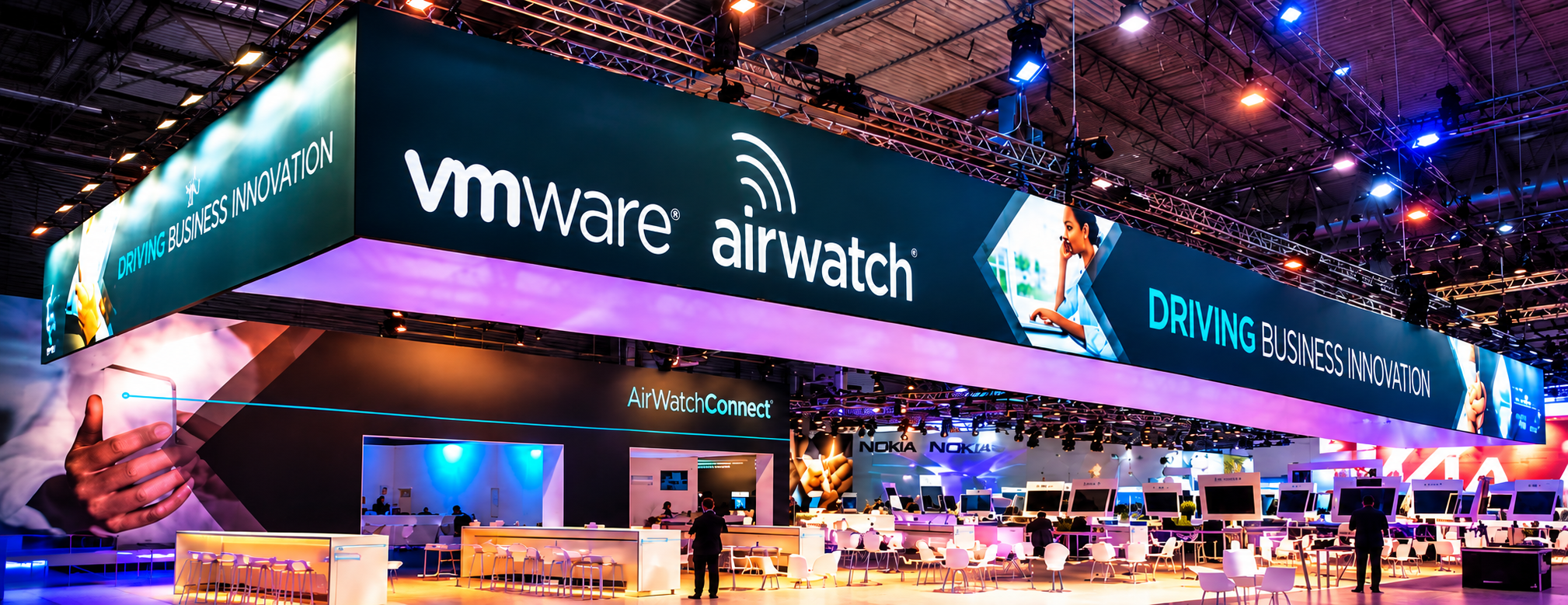 VMware AirWatch exhibition at MWC Barcelona, with large suspended fabric graphics above the stand