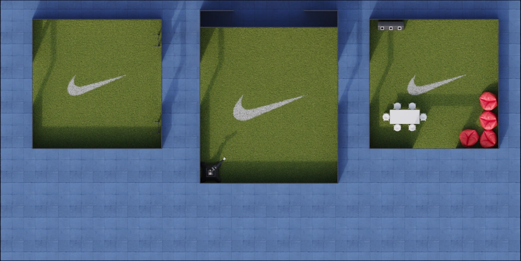Overhead design render showing three Nike × TikTok football activation zones, landscape view