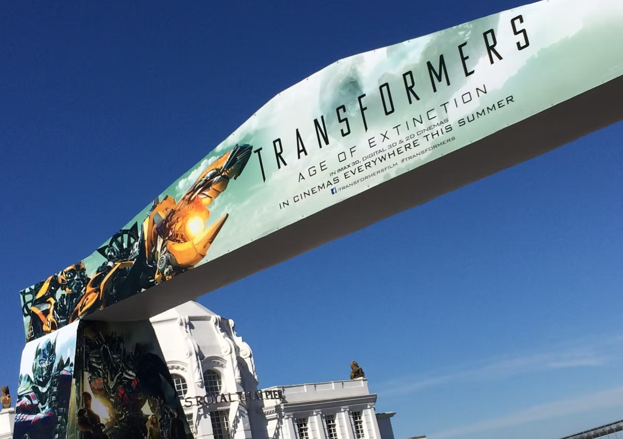 Transformers campaign graphics installed across the Red Funnel gateway at Southampton