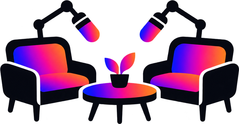 Two modern armchairs with gradient purple, pink, and orange lighting, positioned facing each other with a round table holding a small potted plant between them, each accompanied by an adjustable desk lamp.