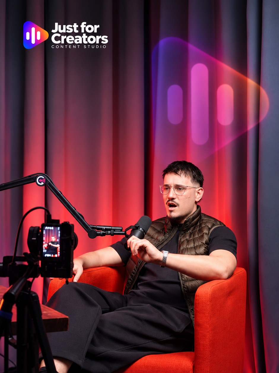 A creator recording a video podcast on a red armchair set at Just for Creators