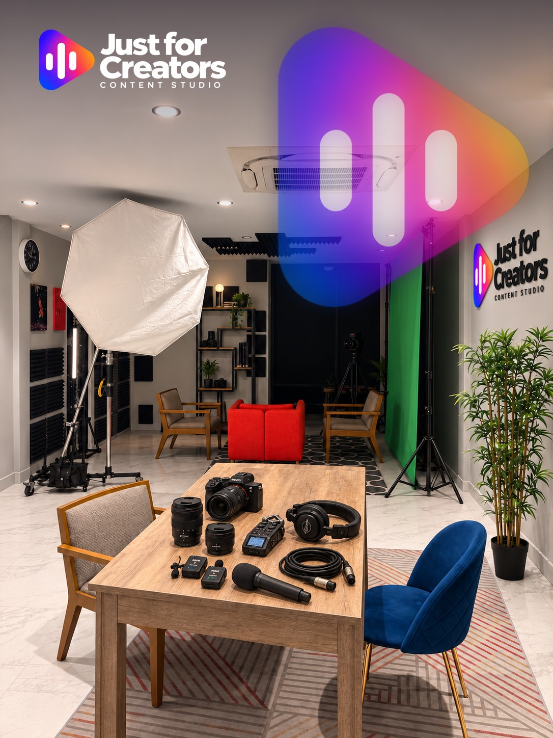 Just for Creators content studio in Bangkok with cameras, microphones, lighting and a green screen set ready to rearrange