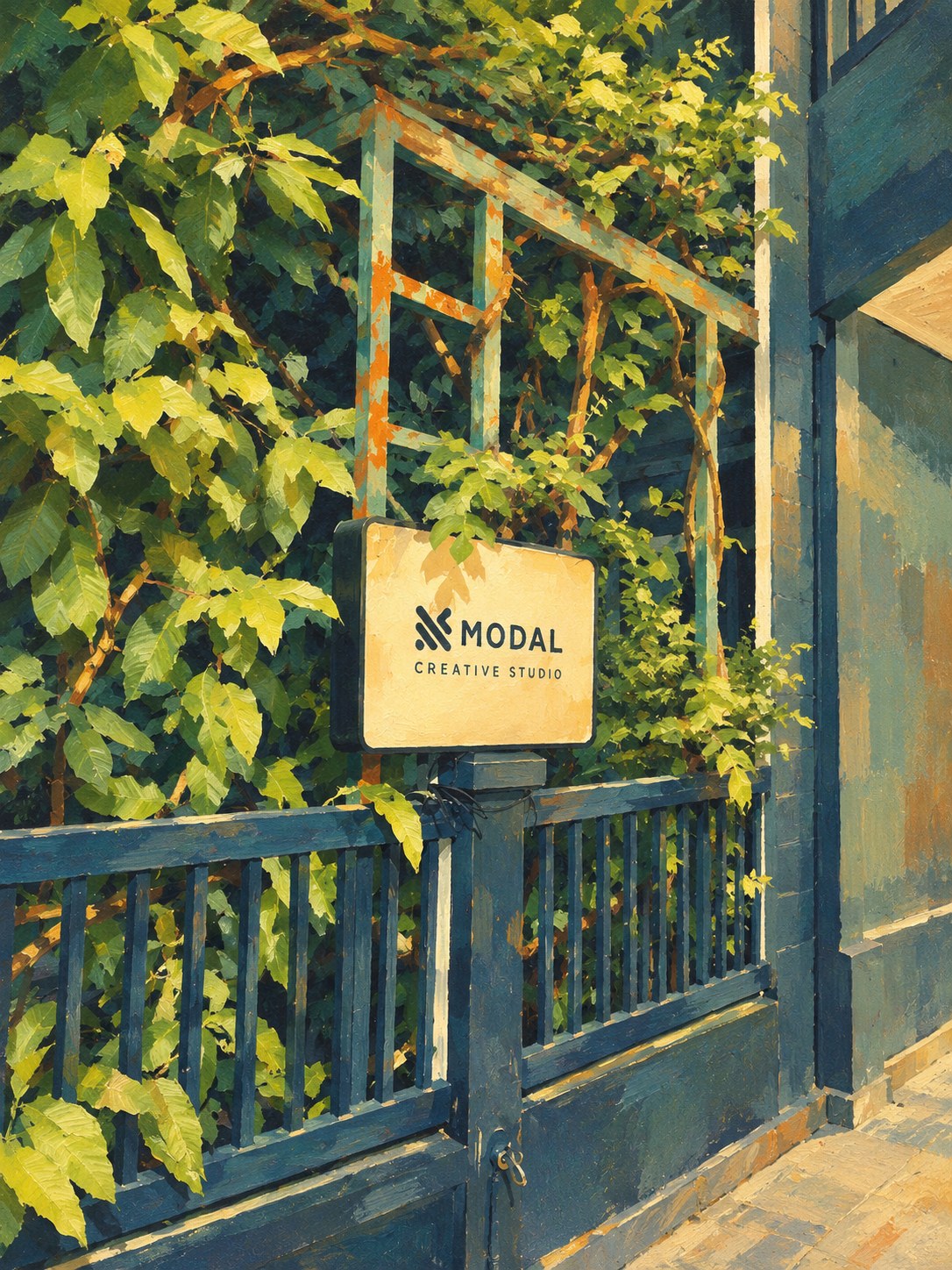 Painting of the Modal Creative Studio sign on the gate outside the studio house in Bangkok