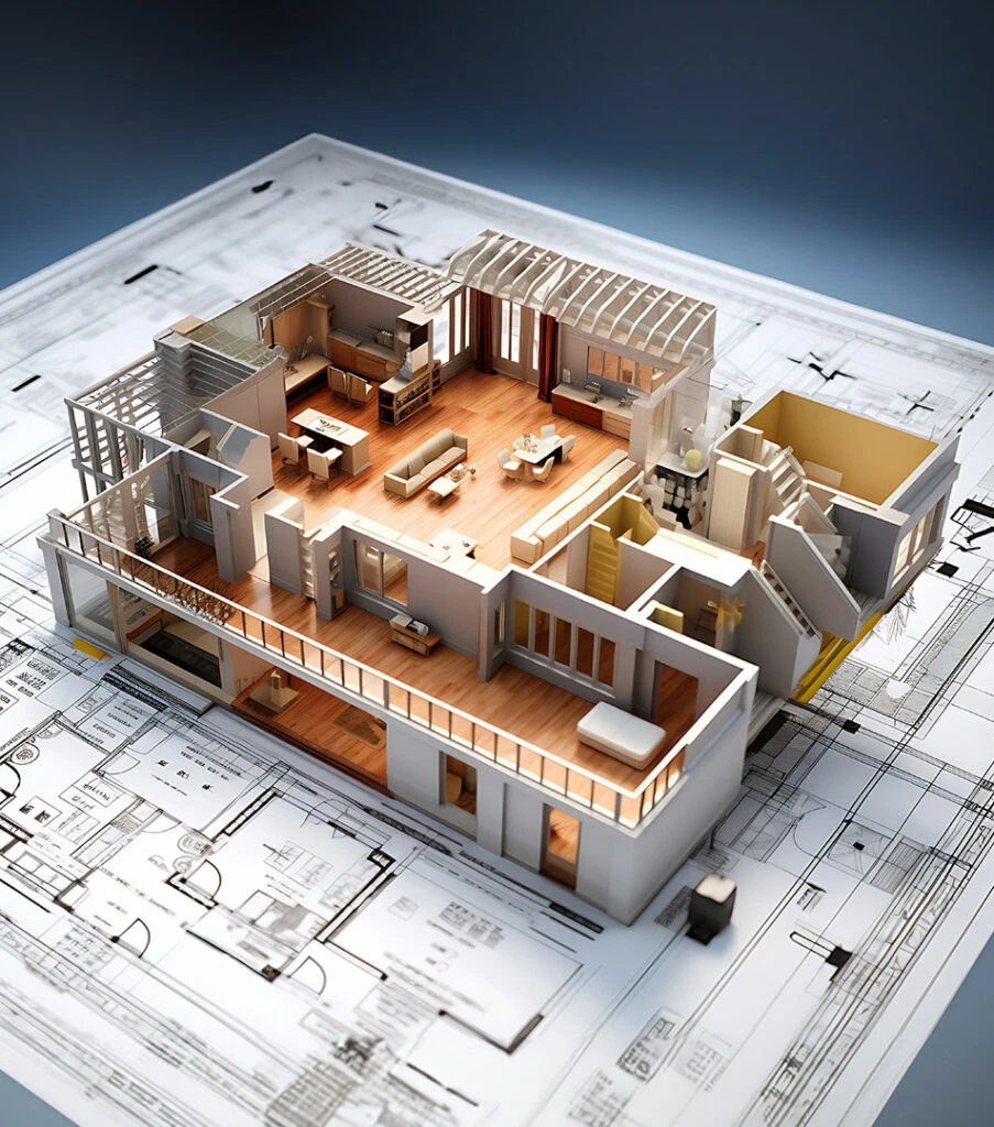 3D-Modell eines modernen Hauses mit offenem Grundriss, das auf technischen Bauplänen steht, zeigt Wohnzimmer, Küche, Essbereich und mehrere Räume mit Holzböden und großen Fenstern.