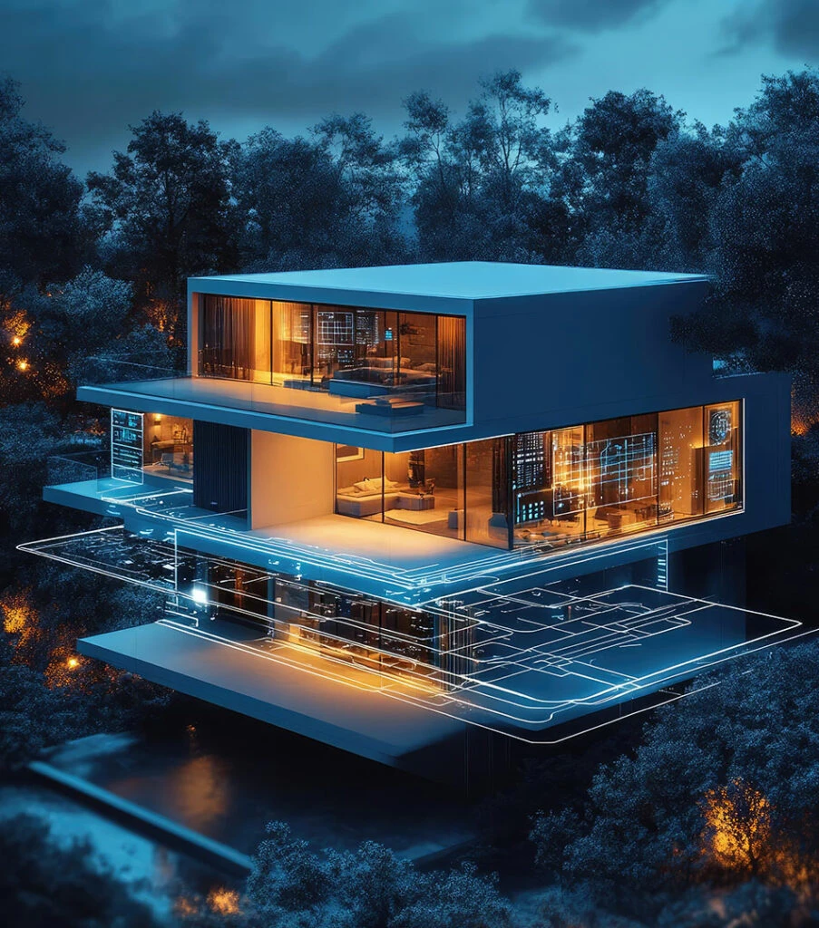 Modern, multi-story house at night illuminated from inside with warm lights, surrounded by dark trees, with digital architectural lines and plans overlaying parts of the building.