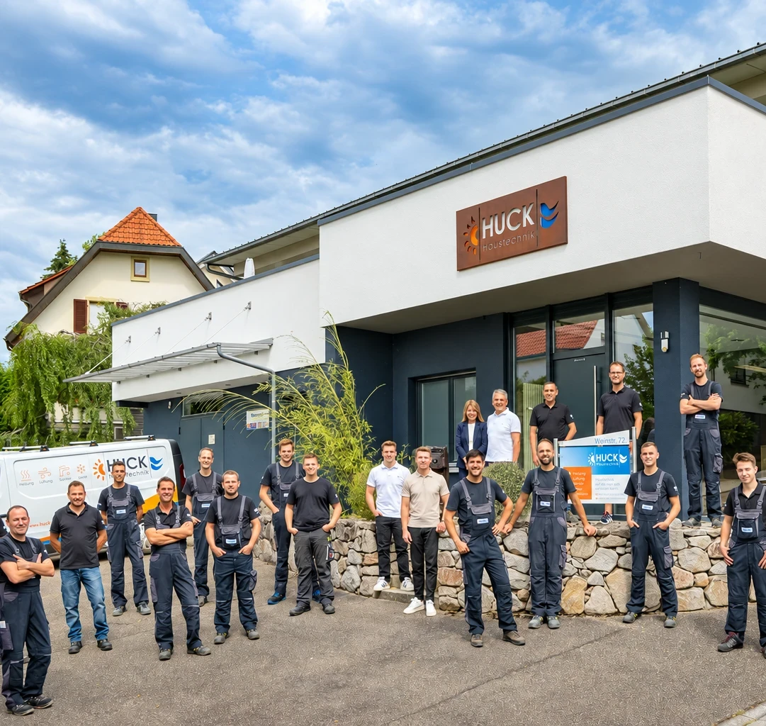Gruppenfoto von Mitarbeitern vor einem modernen Geschäftsgebäude mit dem Schild 'HUCK Haustechnik' an der Fassade bei blau bewölktem Himmel, einige tragen Arbeitskleidung, andere Freizeitkleidung.
