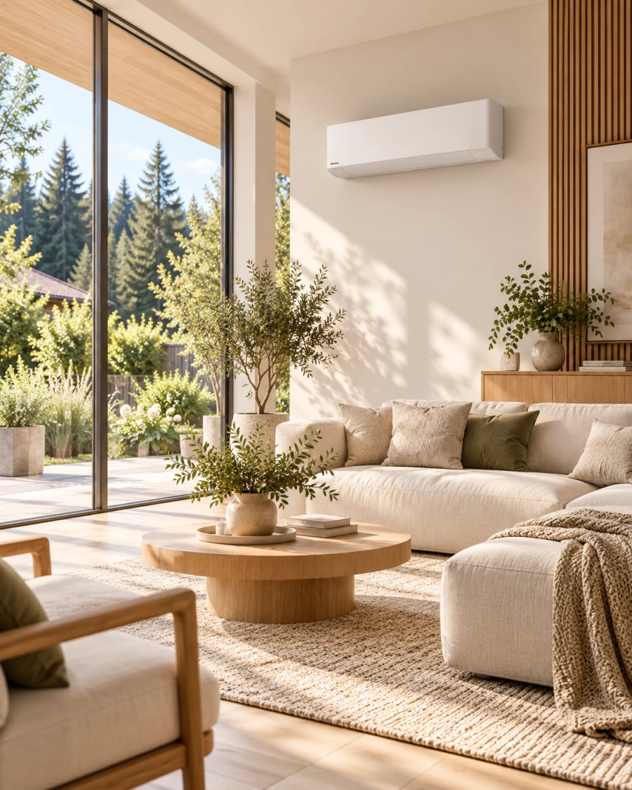 Helles Wohnzimmer mit großen Fenstern und Blick auf Garten mit Bäumen, einem weißen Wandklimagerät, einer hellen Polsterecke mit Kissen, einem runden Holztisch mit Pflanzen und einem Sessel mit grünem Kissen.