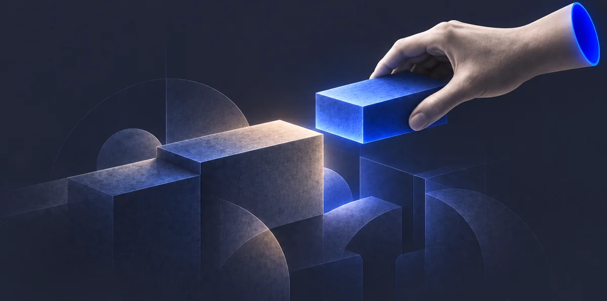 A hand lifting a glowing blue block away from a stack of grey architectural blocks.