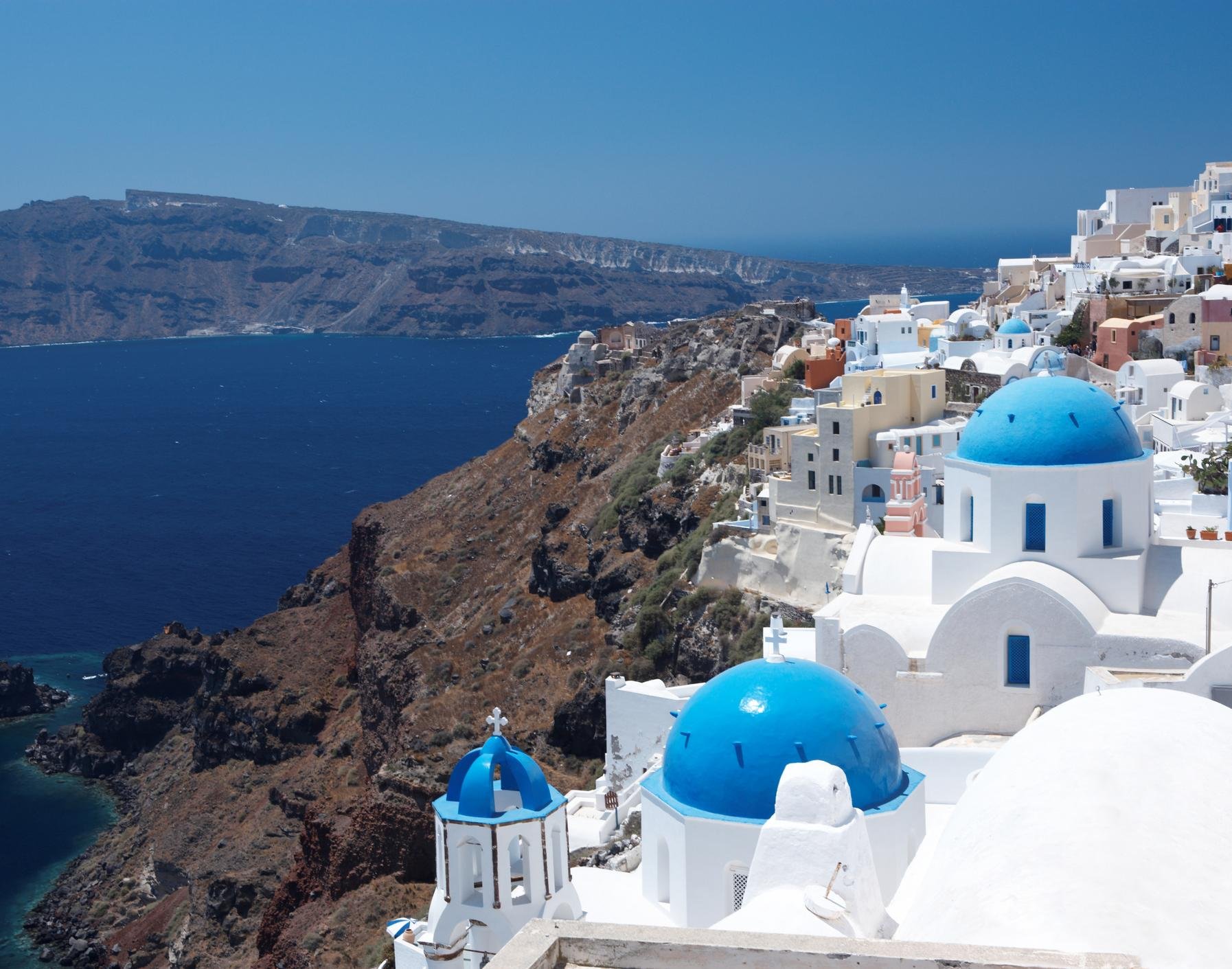 Blue domes above the caldera at Oia, Santorini