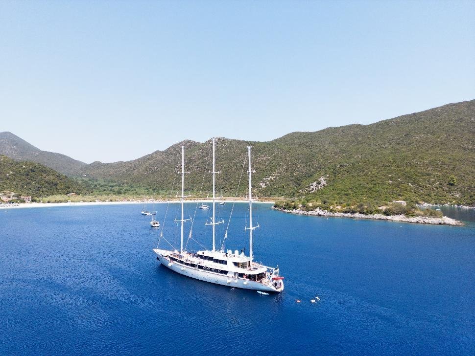 M/S Panorama sailing along a green coastline