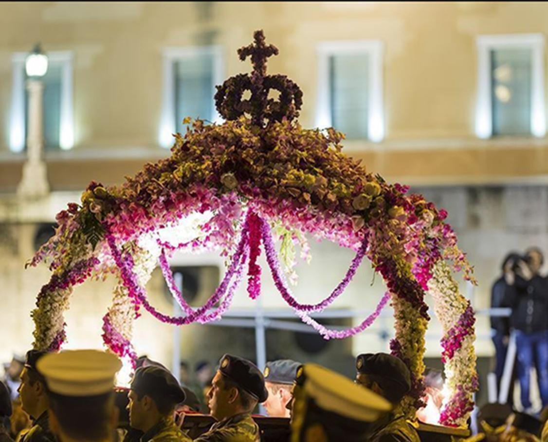Flower-covered Epitaphios during a Good Friday procession