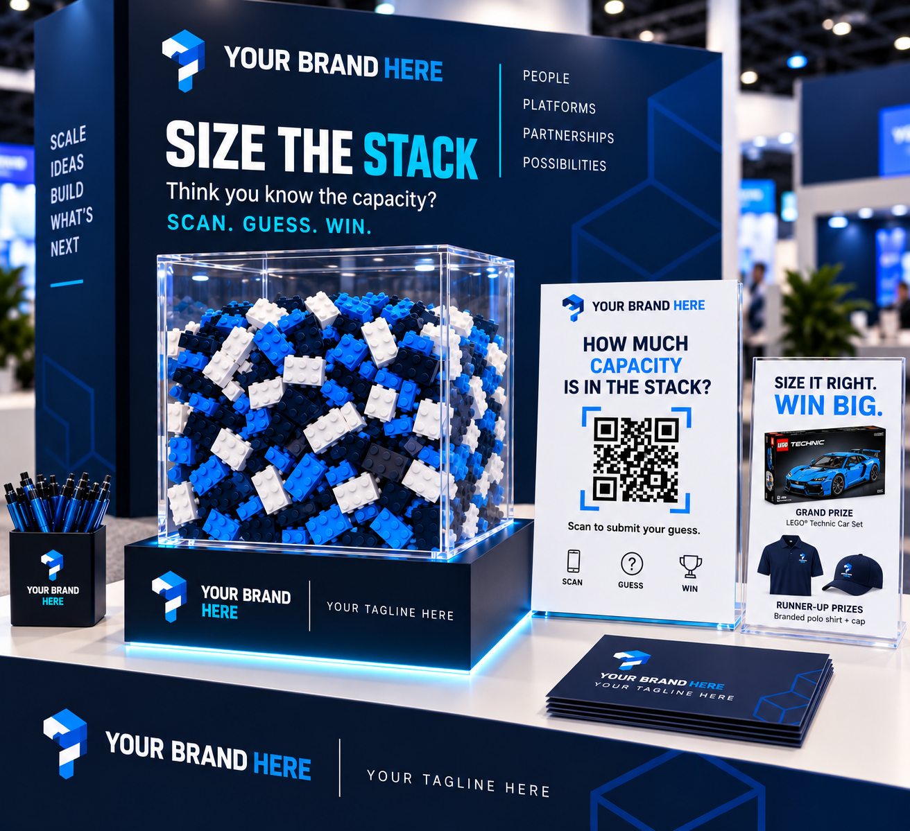 Trade show guessing game with a container of building bricks