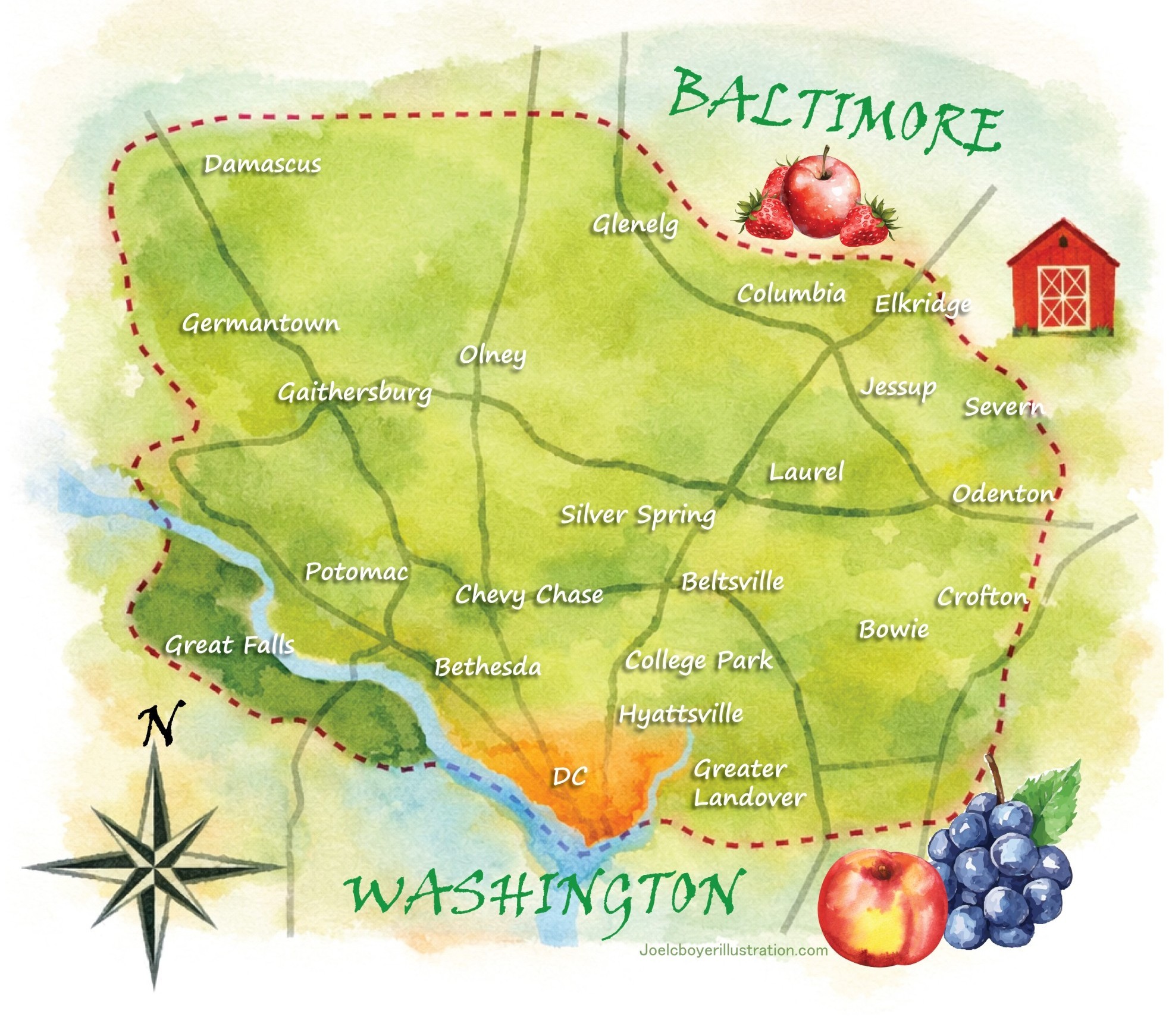 Watercolor map of the Milk Lady CSA delivery area, from Washington, DC north to Baltimore, including Silver Spring, Bethesda, Gaithersburg, Columbia and Bowie