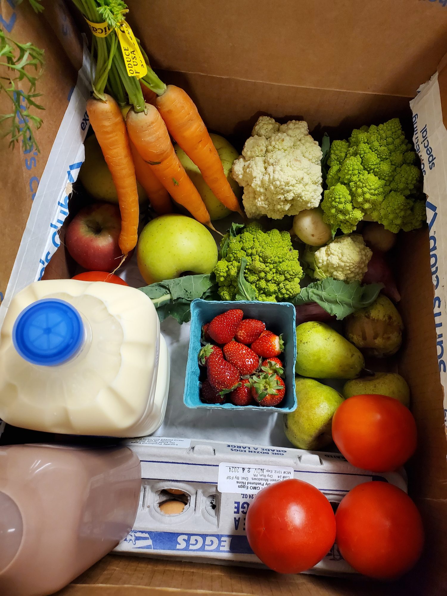 An October Milk Lady CSA box packed with jugs of milk, eggs, strawberries, carrots, cauliflower and pears