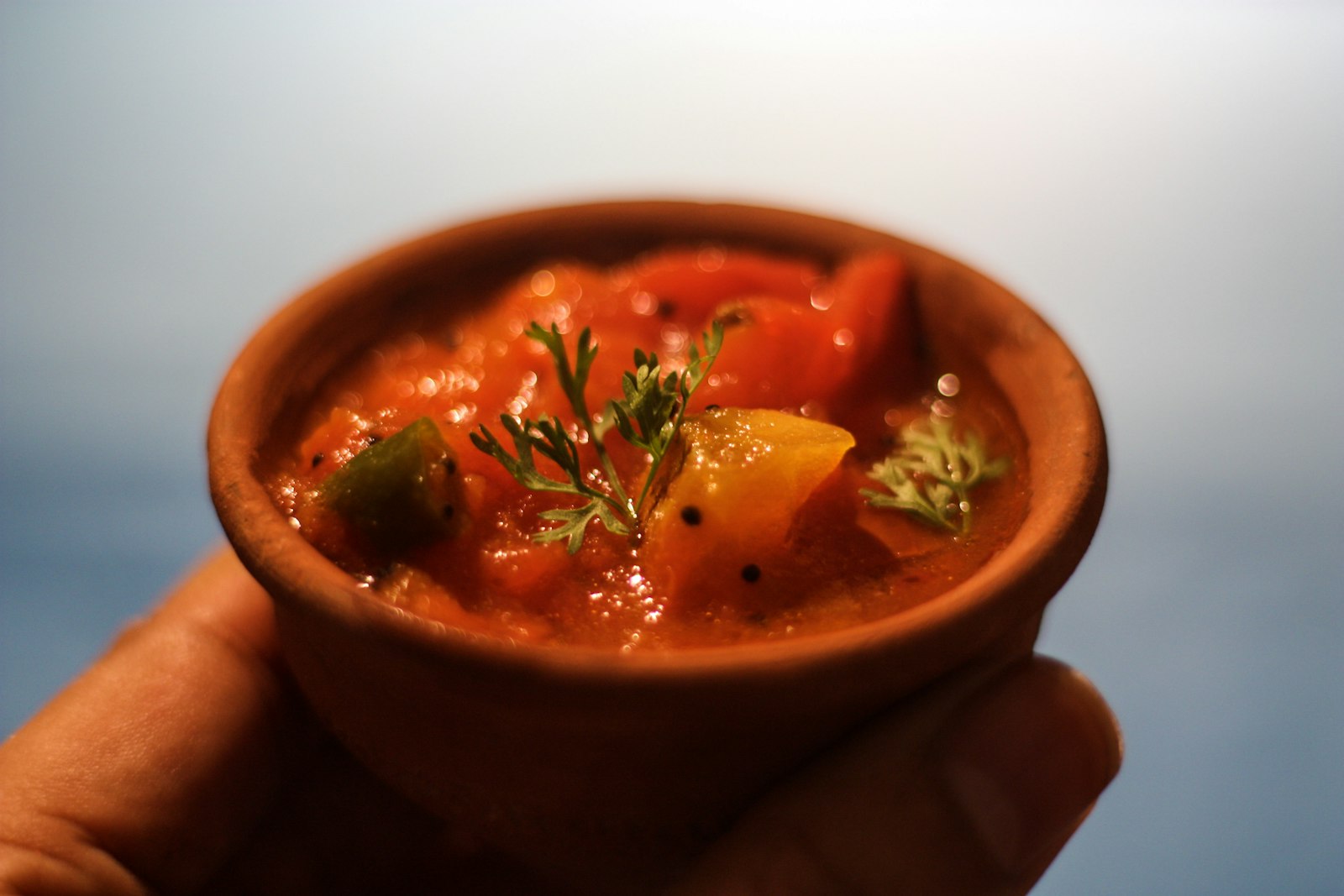 Chunky tomato salsa in a clay bowl