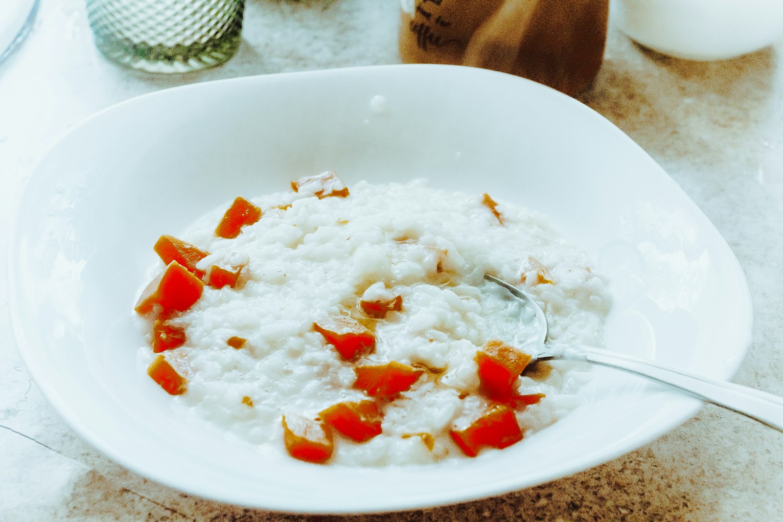 Bowl of rice congee with chile oil