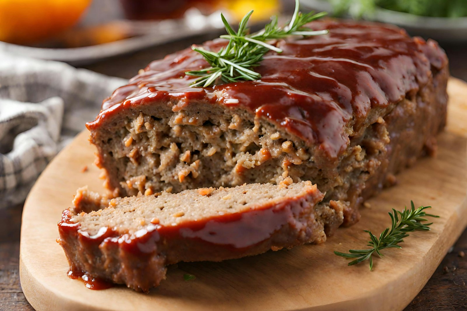 Sliced glazed meatloaf on a cutting board