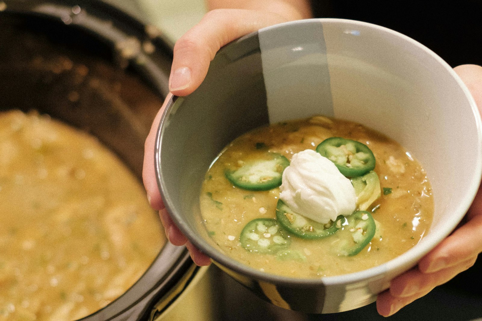 Bowl of green chile and hominy soup