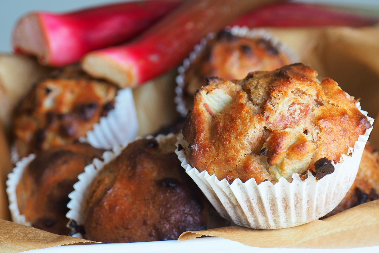 Muffins with fresh rhubarb stalks