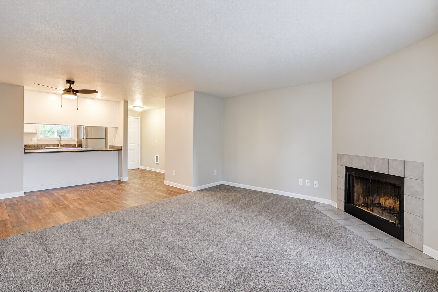 Living room with fireplace and view of kitchen