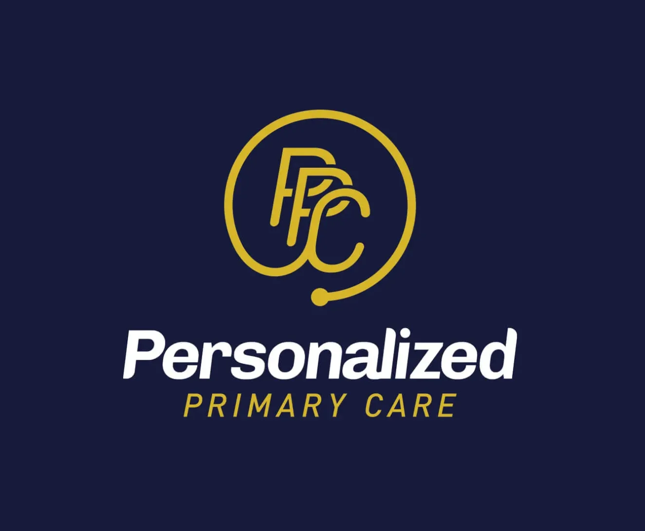 Personalized Primary Care logo: a gold PPC monogram inside a stethoscope-shaped ring, above the wordmark, on navy